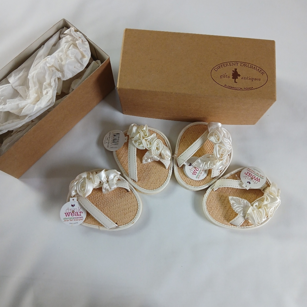NWT New Set of 4 Drink Wear Wine Glass Flip Flop Coasters Ivory Floral